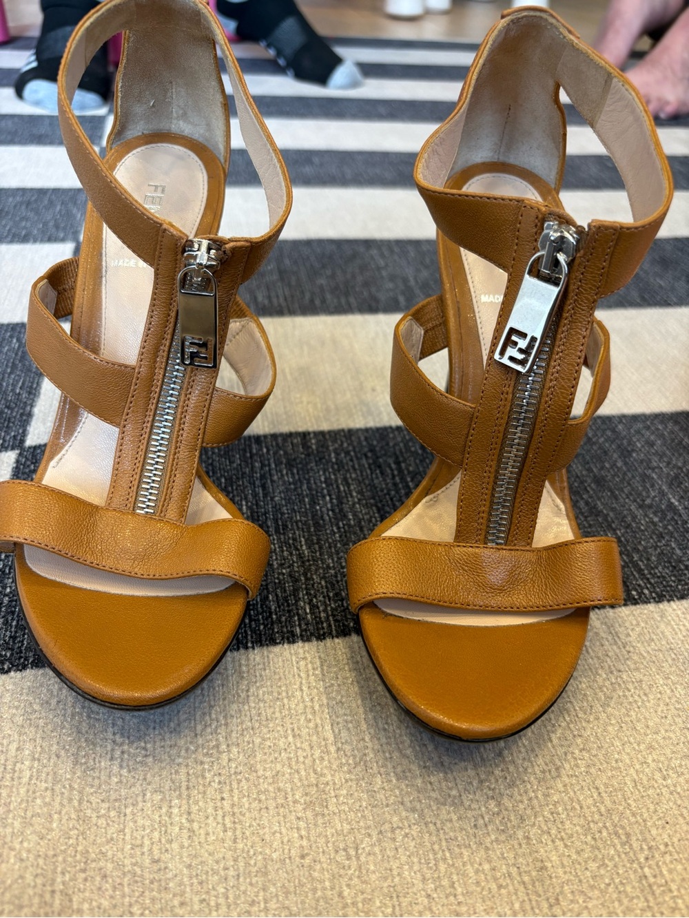 Fendi Cognac Leather Strappy Zip-Heel Sandals